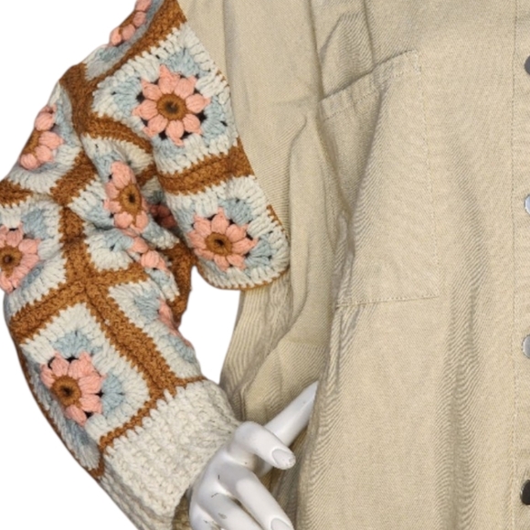 NWT Bibi Cream Crochet Sleeve Shacket Modern Vintage Cozy Statement Medium - Picture 3 of 10